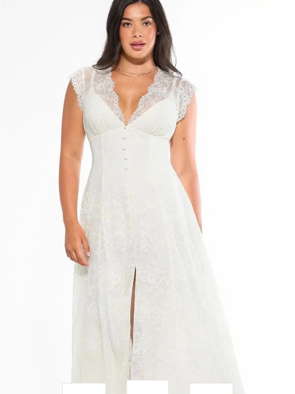 Ivory Lace V-Neck Maxi Wedding Dress with Cap Sleeves